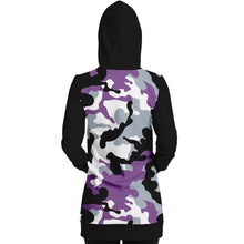 Load image into Gallery viewer, Purple and Black Camouflage Longline Hoodie Dress With Solid Black Sleeves, Pocket and Hood