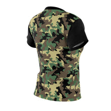 Load image into Gallery viewer, Camo Pattern Women's Tee Green, Brown and Black Camouflage With Contrast Sleeves