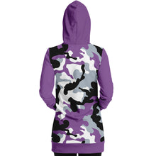 Load image into Gallery viewer, Purple Camouflage Longline Hoodie Dress With Solid Purple Sleeves, Pocket and Hood