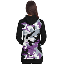 Load image into Gallery viewer, Purple and Black Camouflage Longline Hoodie Dress With Solid Black Sleeves, Pocket and Hood