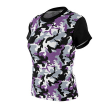 Load image into Gallery viewer, Camo Pattern Women's Tee Purple, White and Black Camouflage With Contrast Sleeves