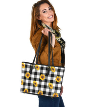 Load image into Gallery viewer, Black White Buffalo Plaid With Sunflowers Tote Bags