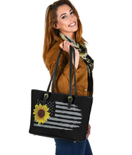 Load image into Gallery viewer, Distressed American Flag With Sunflower Vegan Leather Tote Bag