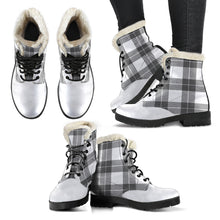 Load image into Gallery viewer, Gray and White Plaid Faux Fur Lined Vegan Leather Boots With White Toe
