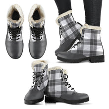 Load image into Gallery viewer, Gray and White Plaid Faux Fur Lined Vegan Leather Boots With Gray Toe