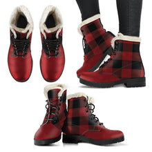 Load image into Gallery viewer, Red and Black Buffalo Plaid Color Block Fur Lined Vegan Leather Boots With Red Toe