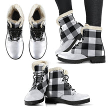 Load image into Gallery viewer, Black White Buffalo Plaid Color Block Vegan Leather Faux Fur Lined Winter Boots With White Toe