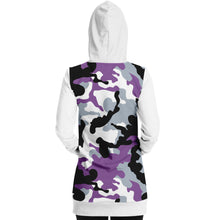 Load image into Gallery viewer, White and Purple Camouflage Longline Hoodie Dress With Solid White Sleeves, Pocket and Hood