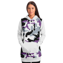 Load image into Gallery viewer, White and Purple Camouflage Longline Hoodie Dress With Solid White Sleeves, Pocket and Hood