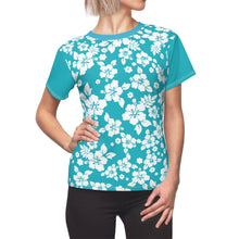 Load image into Gallery viewer, Teal and White Hibiscus Hawaiian Pattern Women's Tee