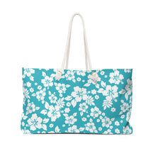 Load image into Gallery viewer, Teal Blue Hibiscus Pattern Hawaiian Style Weekender Bag For Shopping, Traveling, Oversized Tote With Rope Handles