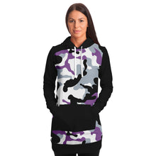 Load image into Gallery viewer, Purple and Black Camouflage Longline Hoodie Dress With Solid Black Sleeves, Pocket and Hood