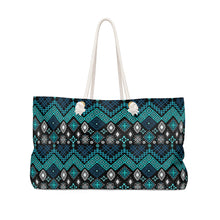 Load image into Gallery viewer, Teal Blue Ethnic Pattern Boho Weekender Bag For Shopping, Traveling, Oversized Tote With Rope Handles