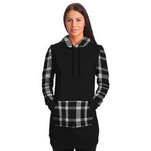 Load image into Gallery viewer, Black Longline Hoodie Dress With Black and White Plaid Contrast Sleeves, Pocket and Hood