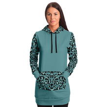 Load image into Gallery viewer, Minty Teal Longline Hoodie Dress With Leopard Print Sleeves, Hood and Pocket