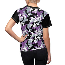 Load image into Gallery viewer, Camo Pattern Women's Tee Purple, White and Black Camouflage With Contrast Sleeves