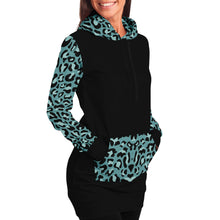 Load image into Gallery viewer, Black Longline Hoodie Dress With Minty Teal Leopard Print Contrast Sleeves, Pocket and Hood