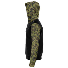 Load image into Gallery viewer, Camo and Black Contrast Hoodie With Green, Brown and Gray Camouflage Sleeves and Hood