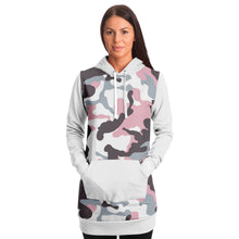 Load image into Gallery viewer, White and Pastel Mauve Camouflage Longline Hoodie Dress With Solid White Sleeves, Pocket and Hood
