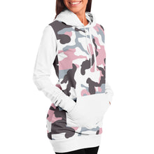 Load image into Gallery viewer, White and Pastel Mauve Camouflage Longline Hoodie Dress With Solid White Sleeves, Pocket and Hood