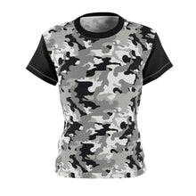 Load image into Gallery viewer, Camo Pattern Women's Tee Black, White and Gray Snow Camouflage With Contrast Sleeves