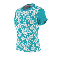 Load image into Gallery viewer, Teal and White Hibiscus Hawaiian Pattern Women's Tee