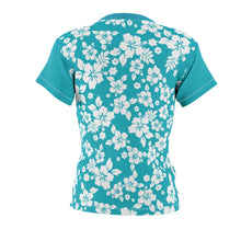 Load image into Gallery viewer, Teal and White Hibiscus Hawaiian Pattern Women's Tee