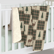 Load image into Gallery viewer, Sherpa Fleece Blanket With Tan, Brown and Green Bear and Pine Tree Patchwork Plaid Pattern