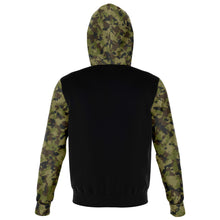Load image into Gallery viewer, Camo and Black Contrast Hoodie With Green, Brown and Gray Camouflage Sleeves and Hood