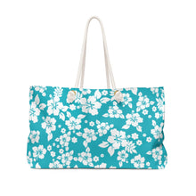 Load image into Gallery viewer, Teal Blue Hibiscus Pattern Hawaiian Style Weekender Bag For Shopping, Traveling, Oversized Tote With Rope Handles