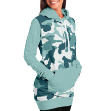 Load image into Gallery viewer, Pastel Teal Camouflage Longline Hoodie Dress With Solid Color Teal Sleeves, Pocket and Hood