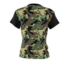 Load image into Gallery viewer, Camo Pattern Women's Tee Green, Brown and Black Camouflage With Contrast Sleeves
