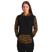 Load image into Gallery viewer, Black Longline Hoodie Dress With Leopard Print Contrast Sleeves, Pocket and Hood