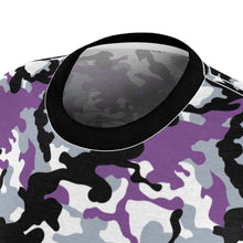 Load image into Gallery viewer, Camo Pattern Women's Tee Purple, White and Black Camouflage With Contrast Sleeves