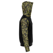 Load image into Gallery viewer, Camo and Black Contrast Hoodie With Green, Brown and Gray Camouflage Sleeves and Hood
