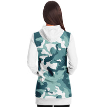 Load image into Gallery viewer, White and Minty Teal Camouflage Pattern Longline Hoodie Dress With Solid White Sleeves, Pocket and Hood