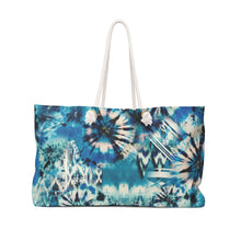 Load image into Gallery viewer, Blue and Green Tie Dye Style Pattern Boho Weekender Bag For Shopping, Traveling, Oversized Tote With Rope Handles