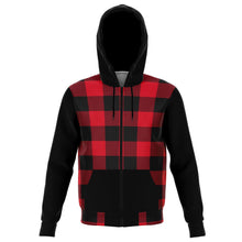 Load image into Gallery viewer, Buffalo Plaid and Black Cotton Polyester Blend Zip Hoodie