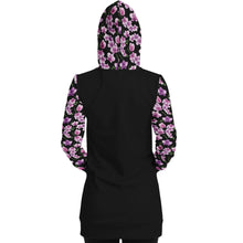 Load image into Gallery viewer, Black Longline Hoodie Dress With Pink Orchid Flower Pattern Sleeves, Pocket and Hood