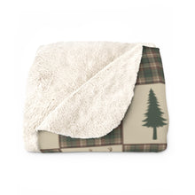 Load image into Gallery viewer, Sherpa Fleece Blanket With Tan, Brown and Green Bear and Pine Tree Patchwork Plaid Pattern
