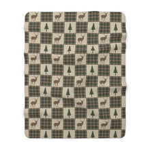Load image into Gallery viewer, Sherpa Fleece Blanket With Tan, Brown and Green Bear and Pine Tree Patchwork Plaid Pattern