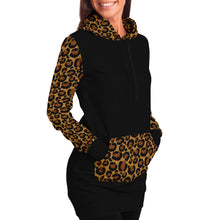 Load image into Gallery viewer, Black Longline Hoodie Dress With Leopard Print Contrast Sleeves, Pocket and Hood