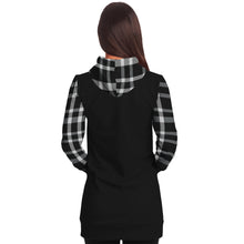 Load image into Gallery viewer, Black Longline Hoodie Dress With Black and White Plaid Contrast Sleeves, Pocket and Hood