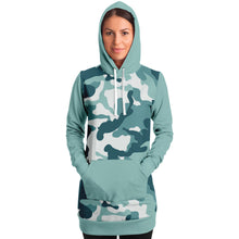 Load image into Gallery viewer, Pastel Teal Camouflage Longline Hoodie Dress With Solid Color Teal Sleeves, Pocket and Hood