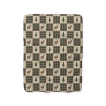 Load image into Gallery viewer, Sherpa Fleece Blanket With Tan, Brown and Green Bear and Pine Tree Patchwork Plaid Pattern