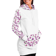 Load image into Gallery viewer, White Longline Hoodie Dress With Pink Orchid Flower Pattern Sleeves, Hood and Pocket