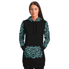 Load image into Gallery viewer, Black Longline Hoodie Dress With Minty Teal Leopard Print Contrast Sleeves, Pocket and Hood