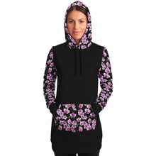 Load image into Gallery viewer, Black Longline Hoodie Dress With Pink Orchid Flower Pattern Sleeves, Pocket and Hood