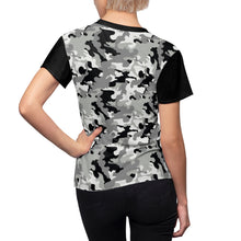 Load image into Gallery viewer, Camo Pattern Women's Tee Black, White and Gray Snow Camouflage With Contrast Sleeves