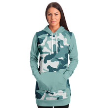 Load image into Gallery viewer, Pastel Teal Camouflage Longline Hoodie Dress With Solid Color Teal Sleeves, Pocket and Hood
